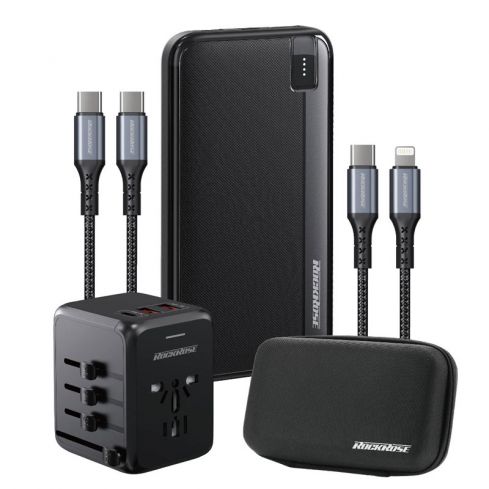 روك روز RRGT05PD20 مجموعة أدوات السفر PD باور بانك + شاحن سريع + 2 كابل Lightning وUSB-C + حقيبة تنظيم صلبة RMB06 - أسود